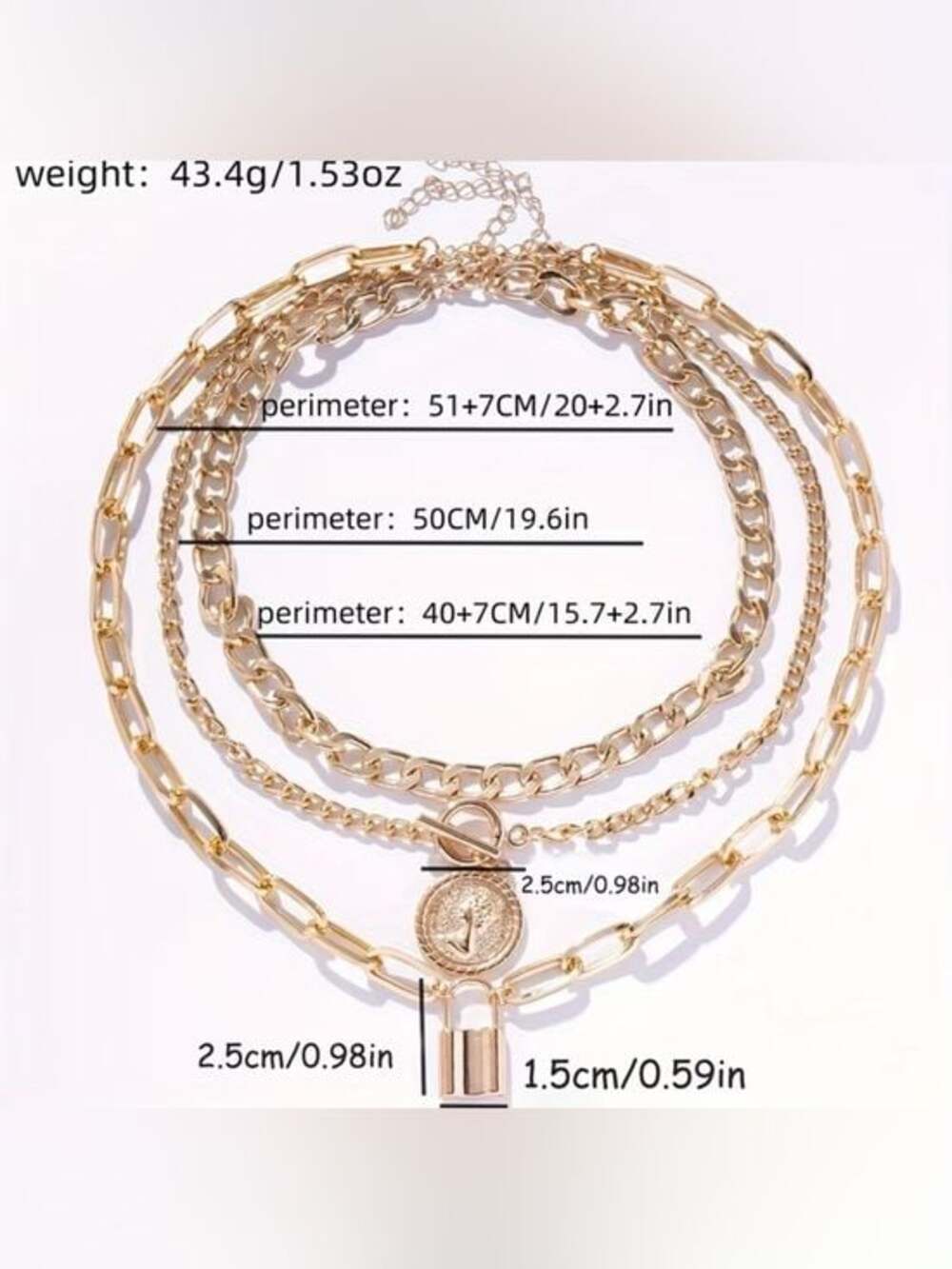 Multi necklace Layered Coin & Lock Pendant Necklace Set Gold - Picture 3 of 3